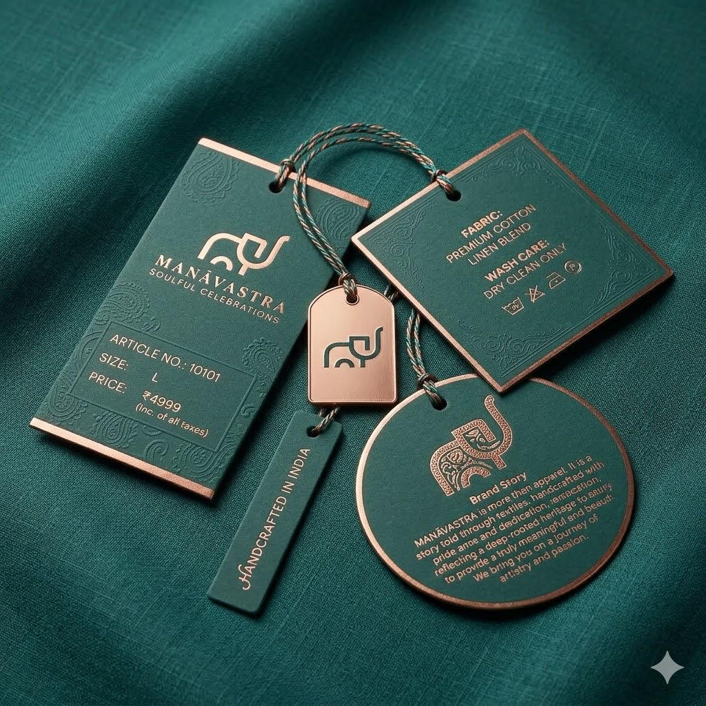 Manāvastra hang tags on fabric
